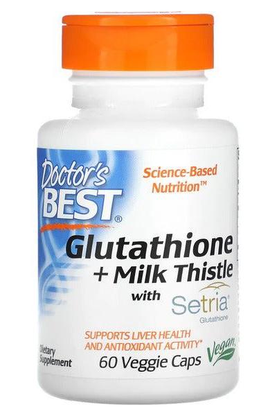 Doctor's Best Glutathione + Milk Thistle supplement bottle with 60 veggie caps for liver health and antioxidant support.