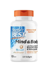 Doctor's Best Mind and Body 120 Softgels bottle with hemp seed oil, Boswellia, turmeric, and ashwagandha.