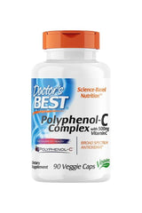 Doctor's Best Polyphenol-C Complex supplement bottle with 500mg Vitamin C, 90 veggie capsules, vegan, non-GMO.