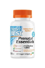 Doctor's Best Prenatal Essentials supplement bottle with Choline and DHA, 120 veggie softgels for maternal and fetal health.
