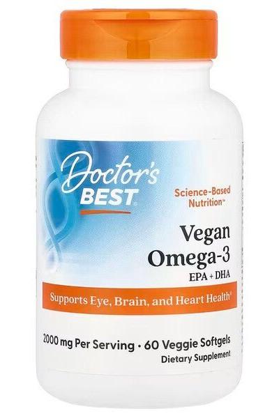Doctor's Best Vegan Omega-3 EPA + DHA supplement bottle with 60 veggie softgels for eye and heart health.
