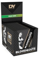 Dorian Yates Blood and Guts sachets box with Pear-Kiwi flavor, pre-workout supplement for enhanced performance.
