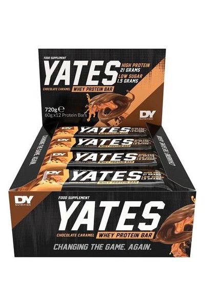 Yates Protein Bar box featuring high protein chocolate caramel bars, 12 x 60g for fitness enthusiasts.
