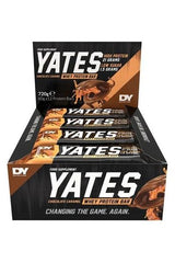 Yates Protein Bar box featuring high protein chocolate caramel bars, 12 x 60g for fitness enthusiasts.
