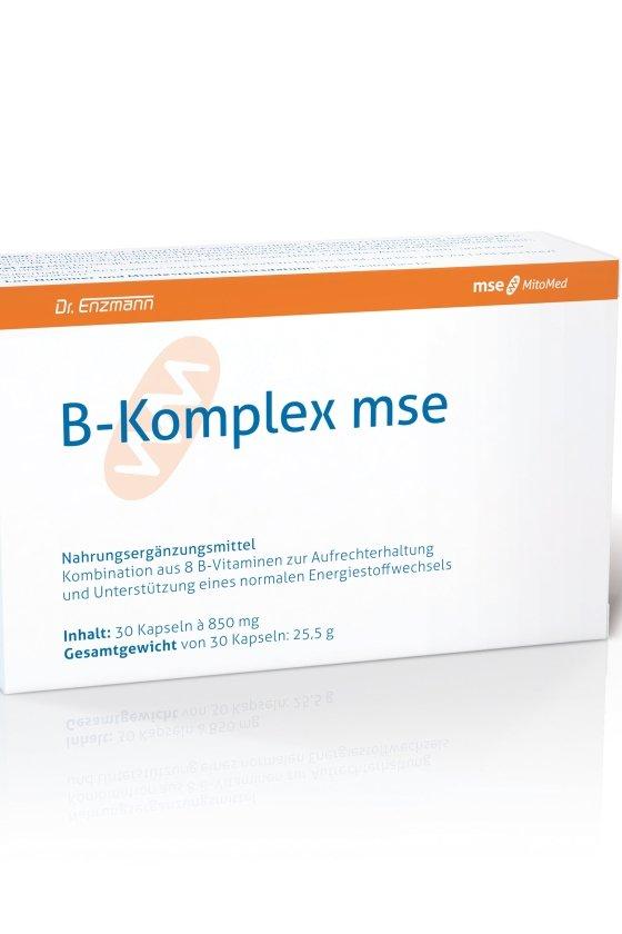 Dr. Enzmann B-Complex Mse dietary supplement box showcasing B vitamins for energy and health support.