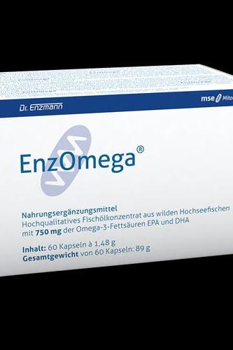 EnzOmega MSE - Omega-3 supplement box with 60 capsules, highlighting EPA and DHA balance.