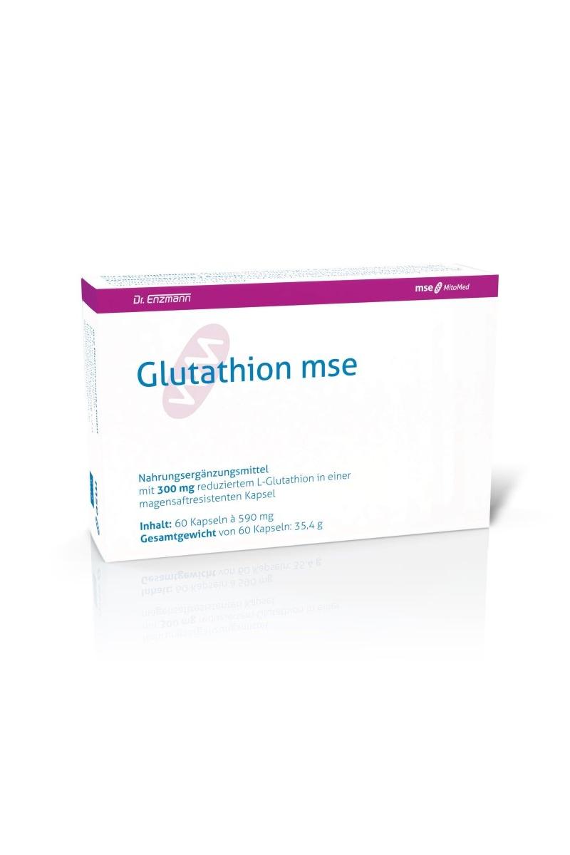 Dr. Enzmann Mse Glutathione MSE product packaging with 60 capsules and 300 mg of reduced glutathione.