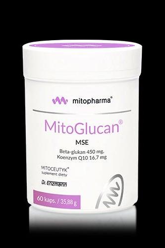 Dr. Enzmann MitoGlucan MSE product jar containing 60 capsules with beta-glucans and coenzyme Q10.