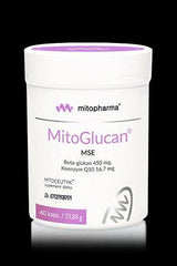Dr. Enzmann MitoGlucan MSE product jar containing 60 capsules with beta-glucans and coenzyme Q10.
