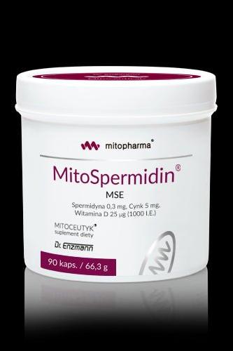 MitoSpermidin® by Dr. Enzmann, a dietary supplement with vitamin D, zinc, and spirulina, in a 90 capsule container.