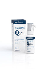 Dr. Enzmann Mse QuinoMit Q10 fluid bottle and box, advanced liquid coenzyme Q10 for energy and heart health.