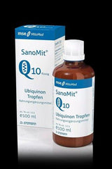 Dr. Enzmann SanoMit Q10 Ubiquinon drops in a 100ml bottle with box for energy support and mitochondrial protection.