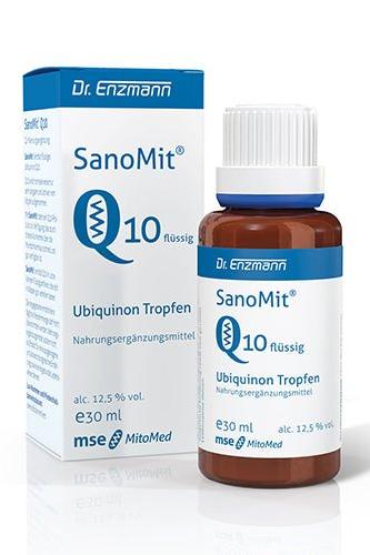 Dr. Enzmann SanoMit Q10 liquid supplement in a bottle, supports energy production and neutralizes free radicals.
