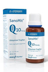 Dr. Enzmann SanoMit Q10 liquid supplement in a bottle, supports energy production and neutralizes free radicals.