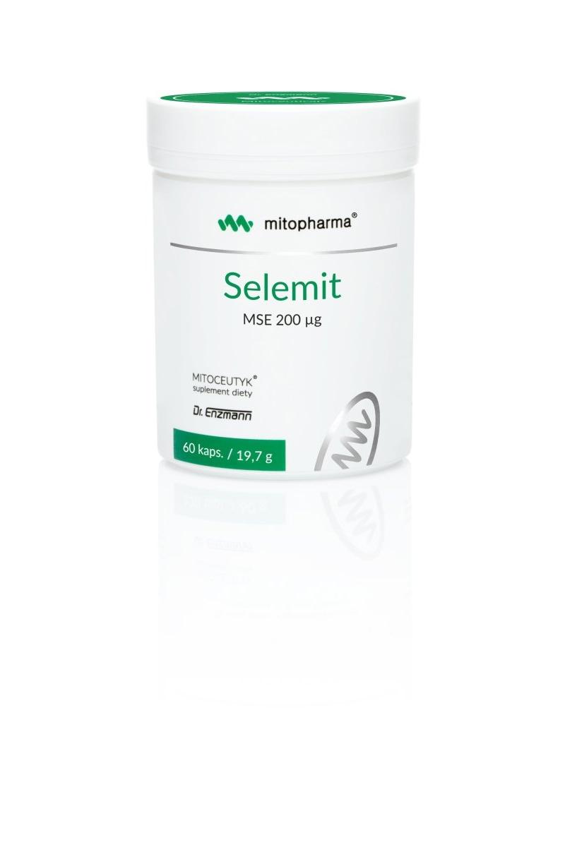Selemits MSE 200 µg by Mitopharma, a selenium supplement in a white container with green accents.