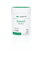 Selemits MSE 200 µg by Mitopharma, a selenium supplement in a white container with green accents.