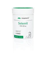 Selemits MSE 200 µg by Mitopharma, a selenium supplement in a white container with green accents.