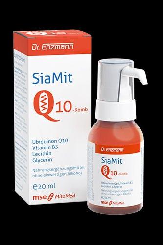 Dr. Enzmann SiaMit Q10 Comb 20 ml bottle with box, featuring ubiquinon Q10 and antioxidant benefits.