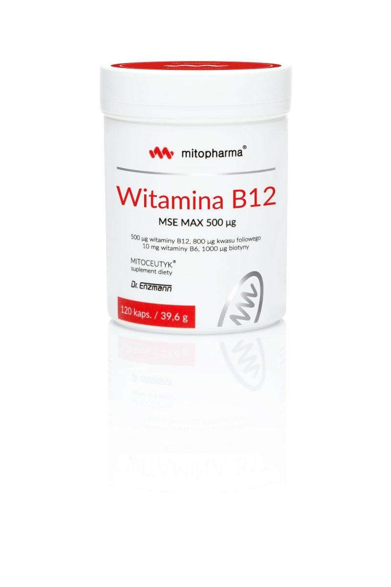 Dr. Enzmann MSE Vitamin B12 500 µg supplement container with 120 capsules for energy and metabolism support.