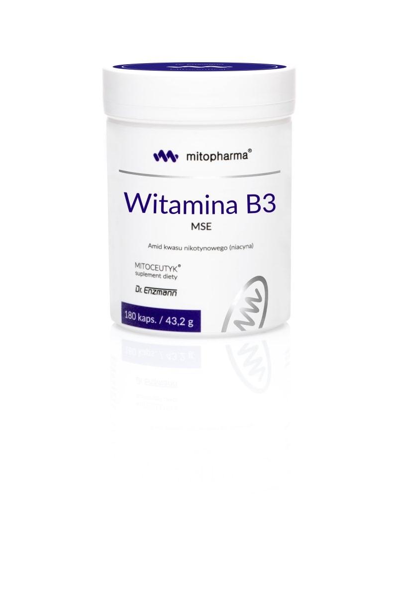 Dr. Enzmann MSE Vitamin B3 supplement jar, 180 capsules, promoting healthy skin and energy production.