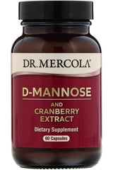 Dr. Mercola D-Mannose with Cranberry Extract dietary supplement bottle, 60 capsules for urinary health.