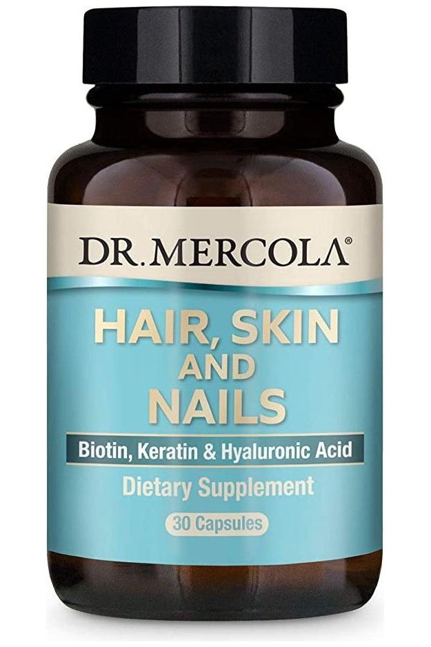 Dr. Mercola Hair, Skin and Nails supplement bottle with biotin, keratin, and hyaluronic acid, 30 capsules.