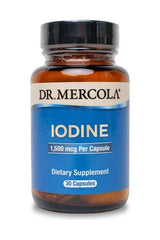 Dr. Mercola Iodine supplement bottle, 30 capsules, 1500 mcg per capsule, supports cognitive function and energy metabolism.