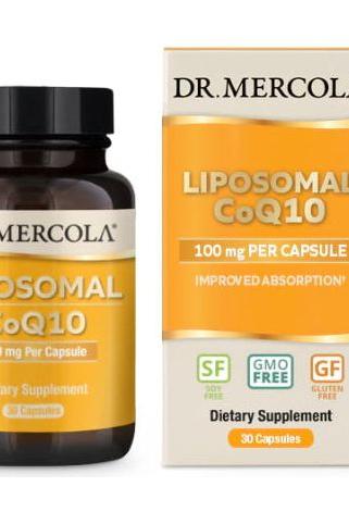 Dr. Mercola Liposomal CoQ10 dietary supplement, 30 capsules for improved absorption and heart health.
