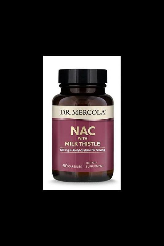 Dr. Mercola NAC with Milk Thistle dietary supplement bottle, 60 capsules for liver support and detoxification.