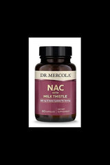Dr. Mercola NAC with Milk Thistle dietary supplement bottle, 60 capsules for liver support and detoxification.
