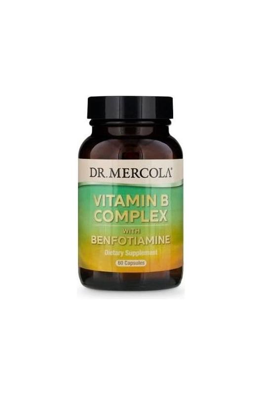 Dr. Mercola Vitamin B Complex supplement bottle with 60 capsules, supports energy metabolism and immune health.