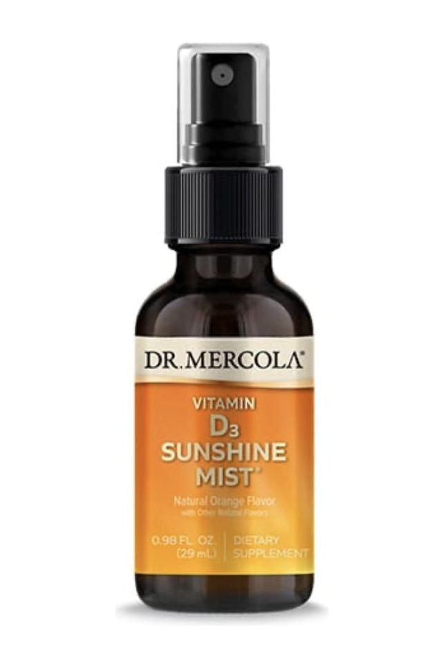 Dr. Mercola Vitamin D3 Sunshine Mist spray, 29 ml dietary supplement for healthy bones and immune support.