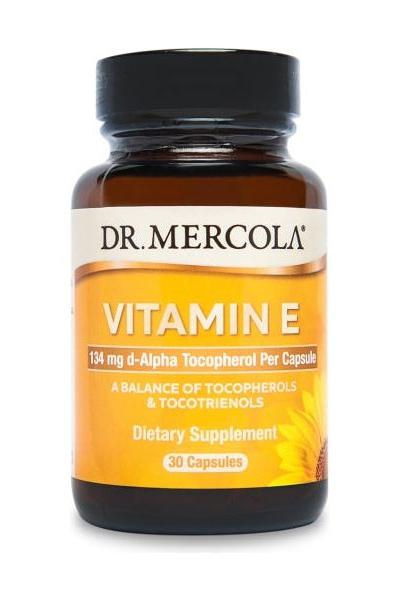 Dr. Mercola Vitamin E capsules bottle, combines tocopherols and tocotrienols, 30 capsules for antioxidant support.