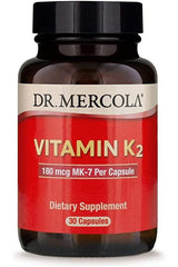 Dr. Mercola Vitamin K2 MK-7 supplement bottle with 180 mcg per capsule for bone health.