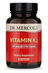 Dr. Mercola Vitamin K2 dietary supplement bottle with 180 mcg MK-7, 90 capsules for bone health.