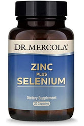 Dr. Mercola Zinc Plus Selenium dietary supplement bottle with 30 capsules for health benefits.