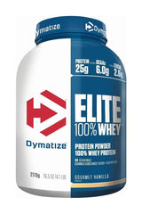 Dymatize Elite 100% Whey protein powder container, 25g protein per serving, gluten-free, gourmet vanilla flavor.