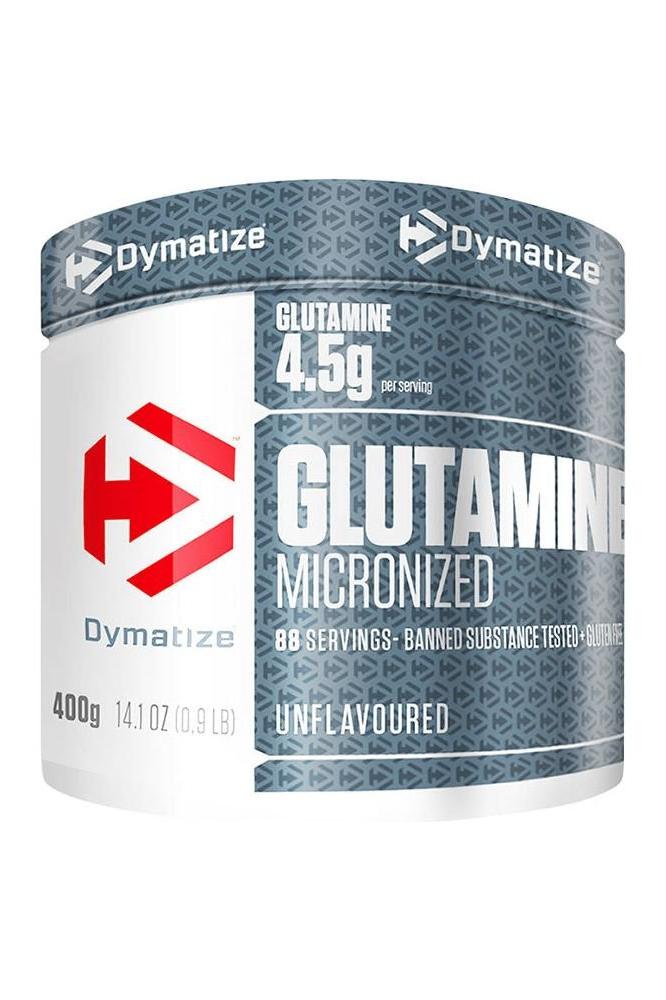 Dymatize Micronized Glutamine 400g container, unflavored, 4.5g per serving, vegan and gluten-free.