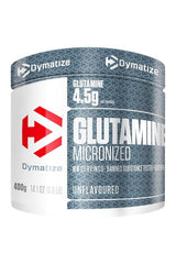 Dymatize Micronized Glutamine 400g container, unflavored, 4.5g per serving, vegan and gluten-free.