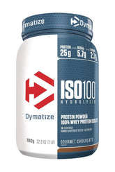 Dymatize ISO100 Hydrolyzed protein powder container with 25g protein and 5.7g BCAAs, Gourmet Chocolate flavor.