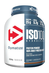 Dymatize ISO100 Hydrolyzed protein powder with 25g protein, 5.7g BCAAs, low-calorie gourmet chocolate flavor.