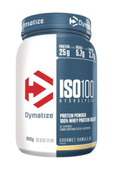 Dymatize ISO100 Hydrolyzed protein powder in Gourmet Vanilla, high-quality whey protein isolate with low calories.