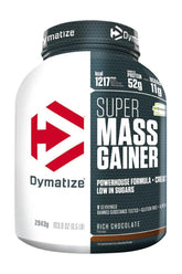 Dymatize Super Mass Gainer protein powder in Rich Chocolate flavor with 52g protein per serving.