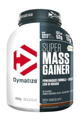Dymatize Super Mass Gainer protein powder in Rich Chocolate flavor with 52g protein per serving.