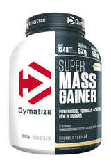 Dymatize Super Mass Gainer in Gourmet Vanilla flavor, 2943g, 52g protein, for muscle mass increase and performance boost.