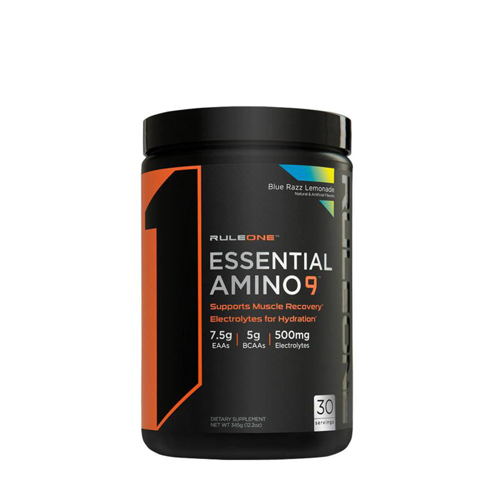 Rule One Essential Amino 9 supplement with 7.5g EAAs and 5g BCAAs for muscle recovery and hydration.