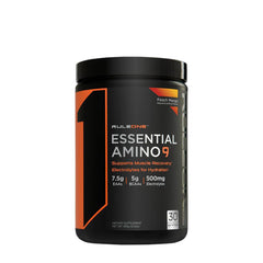 Rule One Essential Amino 9 supplement jar in Peach Mango flavor, supports muscle recovery and hydration.