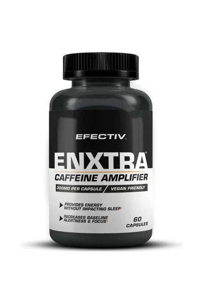 Efectiv Nutrition enXtra Caffeine Amplifier bottle with 60 vegan capsules for enhanced focus and alertness.