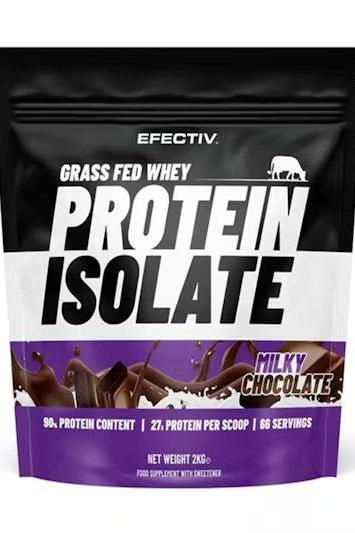 Efectiv Nutrition Grass Fed Whey Protein Isolate in Milky Chocolate flavor, 90% protein content, 27g protein per scoop.