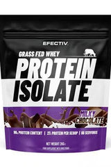 Efectiv Nutrition Grass Fed Whey Protein Isolate in Milky Chocolate flavor, 90% protein content, 27g protein per scoop.